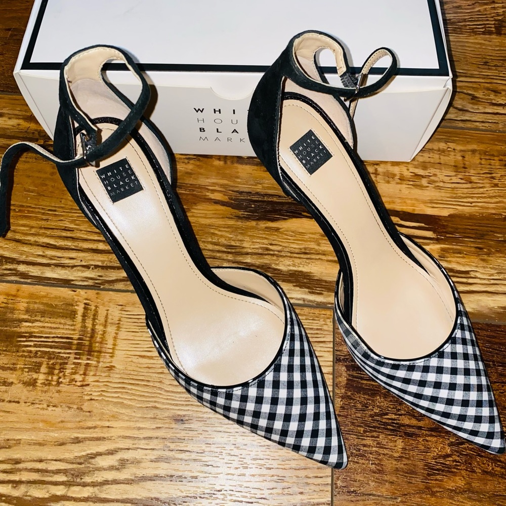 White House Black Market Gianna Black and White Ankle Strap Gingham Heels 👠